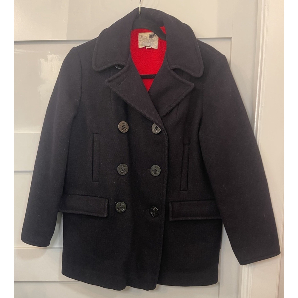 Vintage Sears Roebuck Wool Navy Peacoat Jacket – Red Lining – Size 8 – 1960s